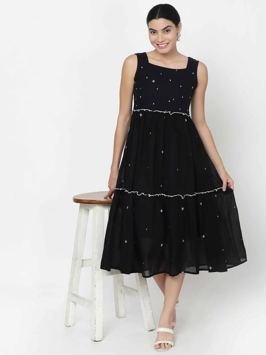 Black Embellished Tiered Midi Dress - Dresses - APANAKAH