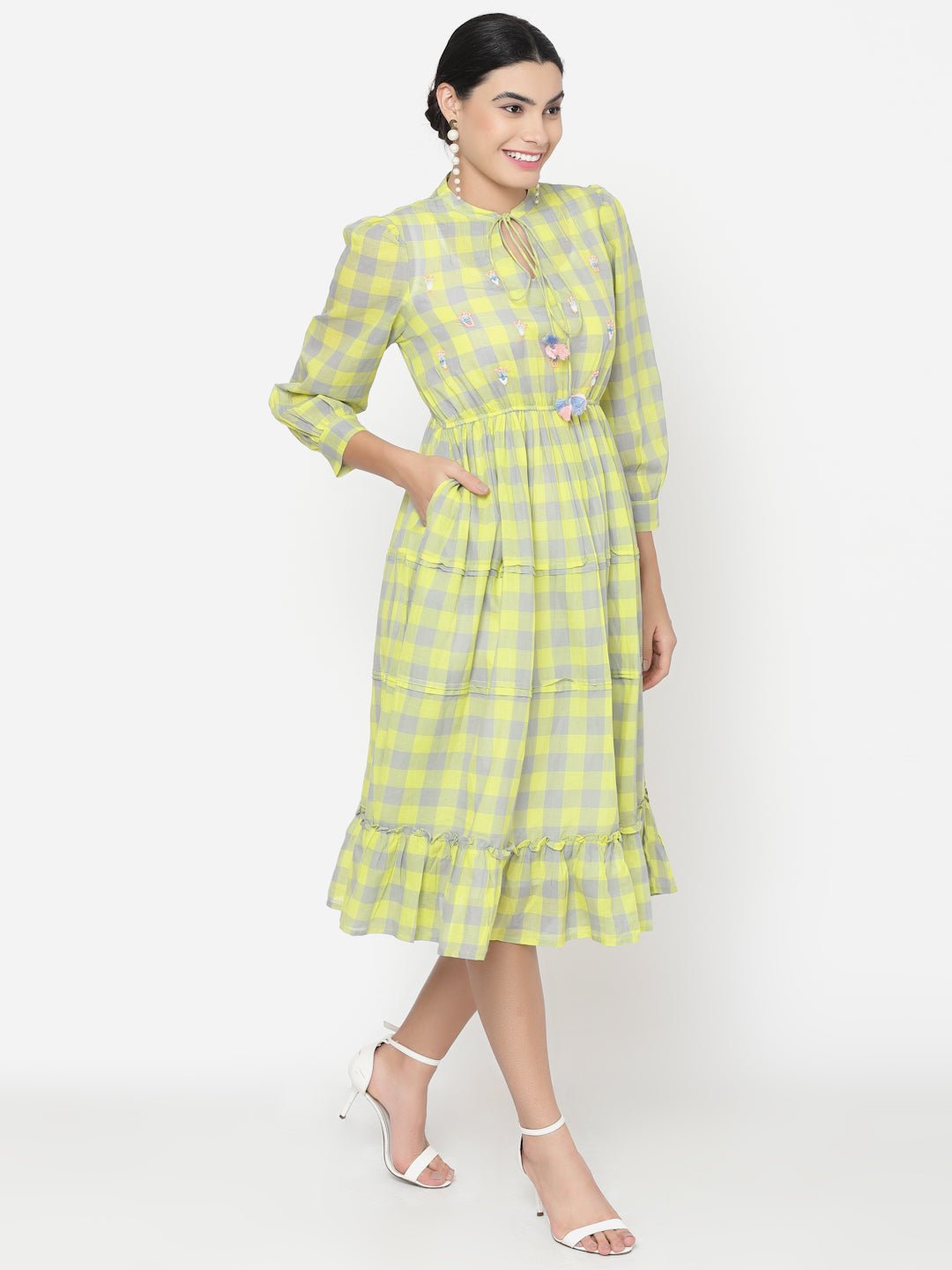 Green Checks Tiered Midi Dress with Embroidery - Dresses - APANAKAH