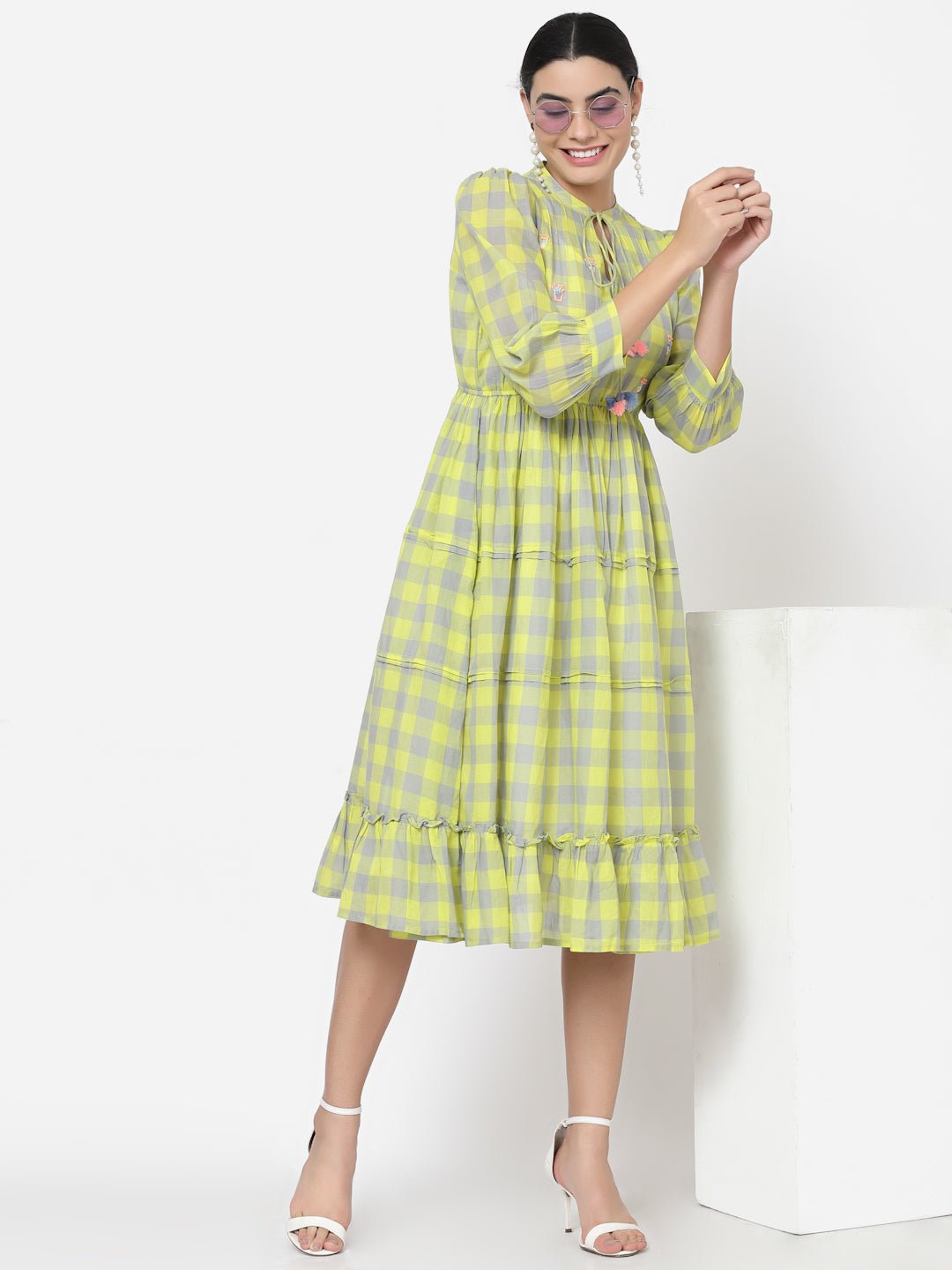 Green Checks Tiered Midi Dress with Embroidery - Dresses - APANAKAH