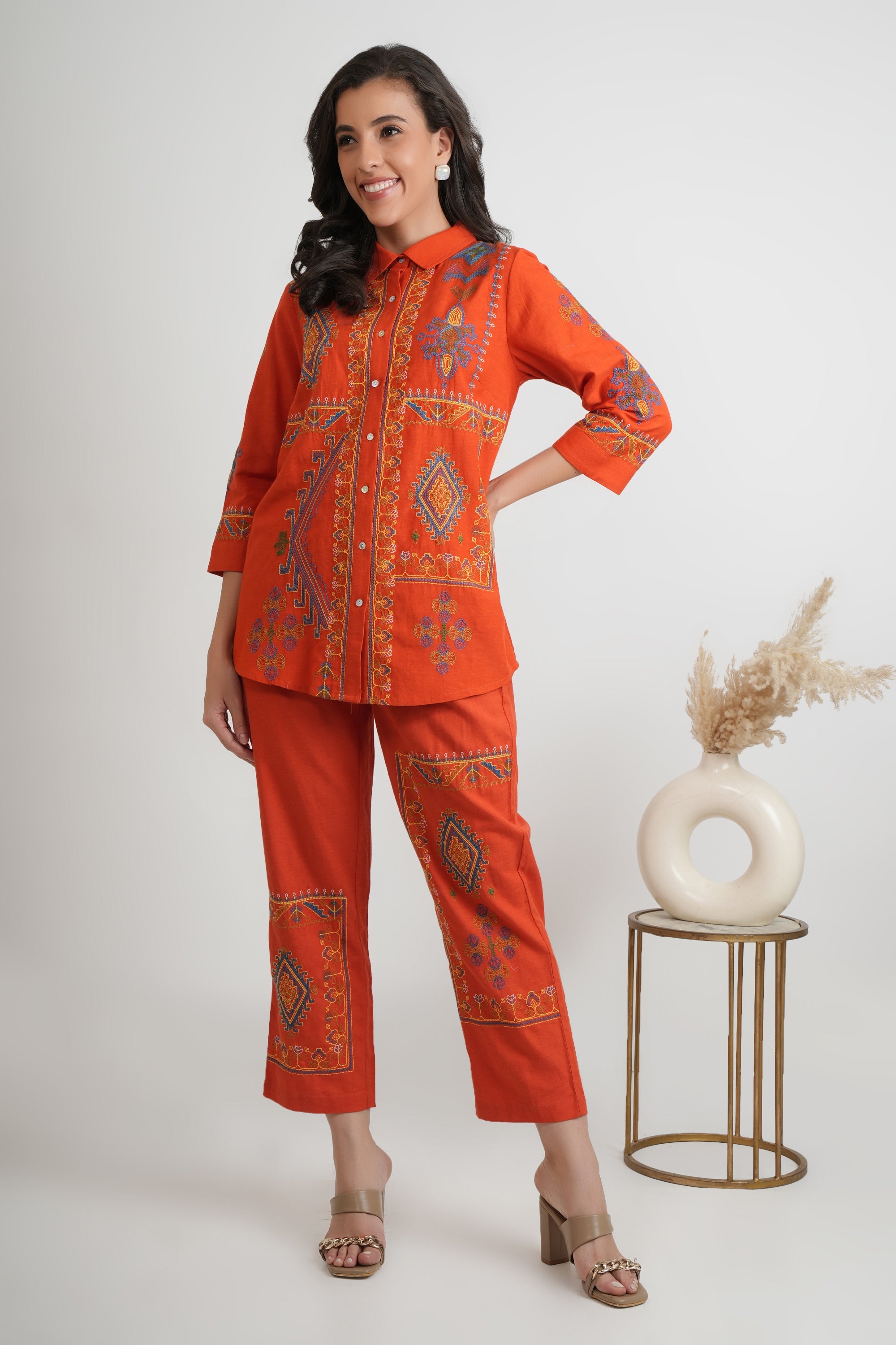 Buy Set of 3 - Abstract Print Longline Shirt, Cami & Trouser Co-Ords Orange  For Women