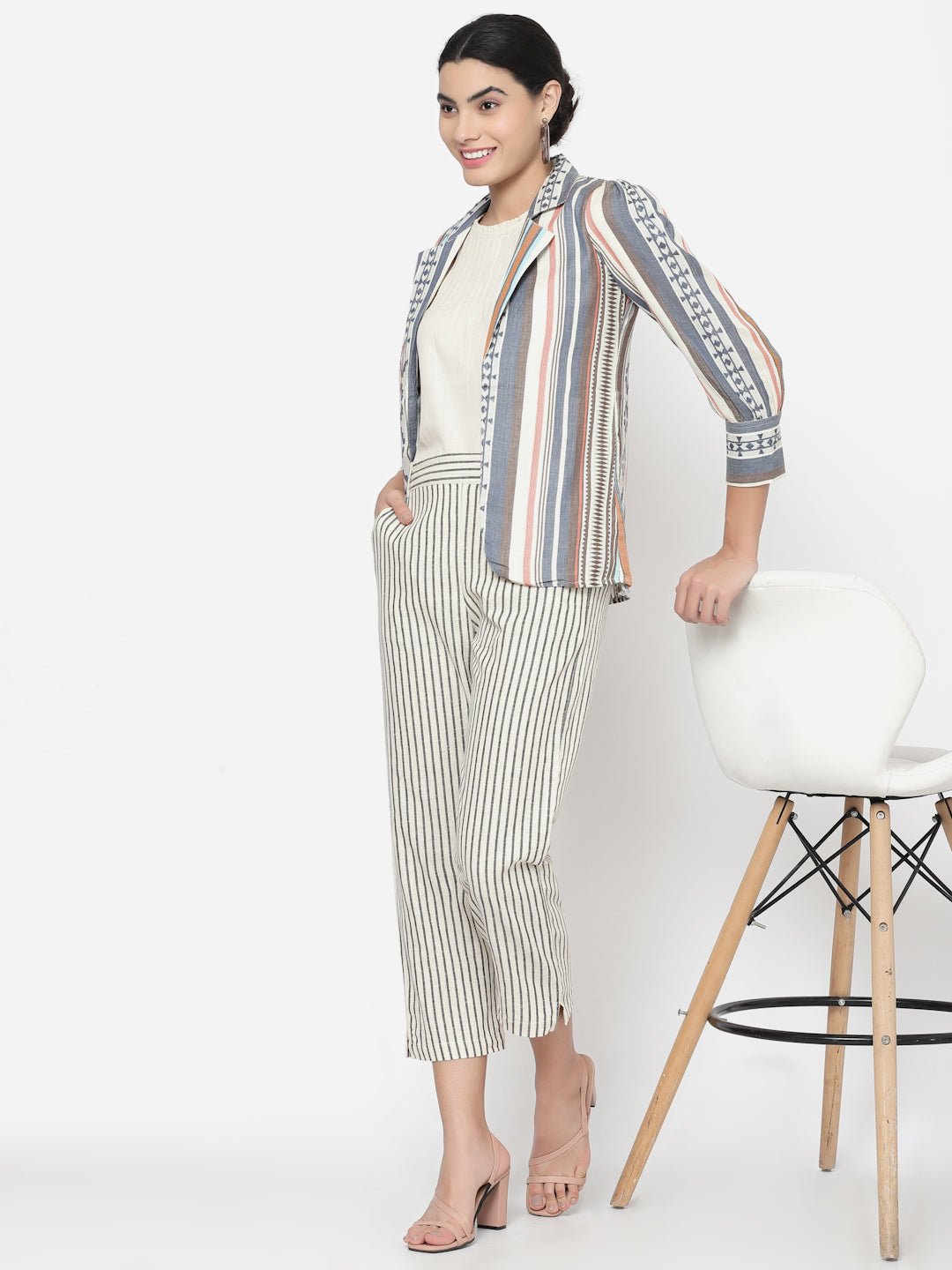 Three Piece Co-ord Set with Top, Striped Pants and Cotton Blazer - Dresses - APANAKAH