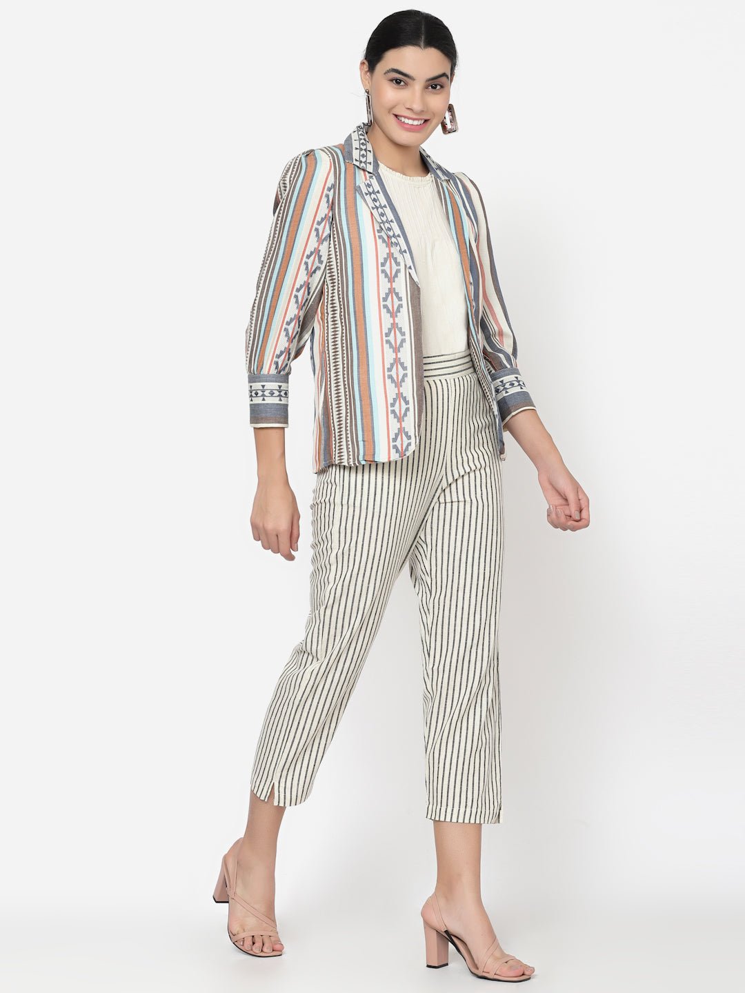 Three Piece Co-ord Set with Top, Striped Pants and Cotton Blazer - Dresses - APANAKAH