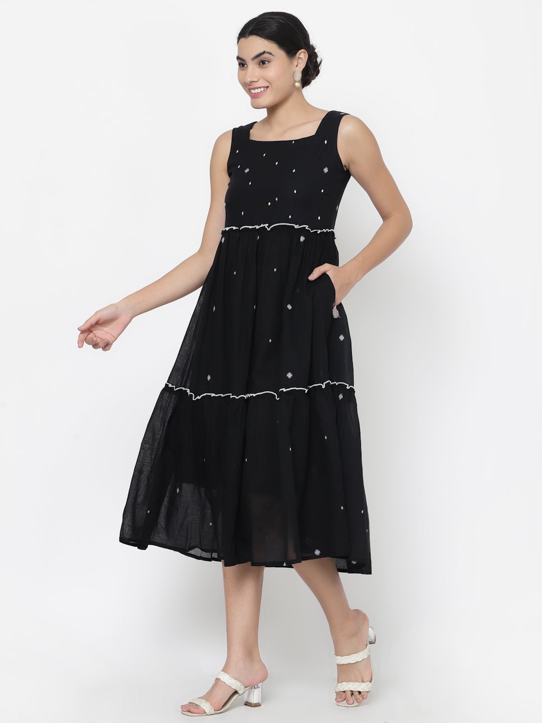 Black Embellished Tiered Midi Dress - Dresses - APANAKAH