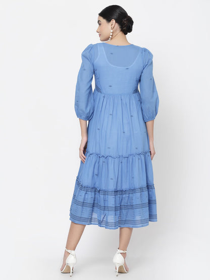 Blue Embellished Tiered Midi Dress - Dresses - APANAKAH
