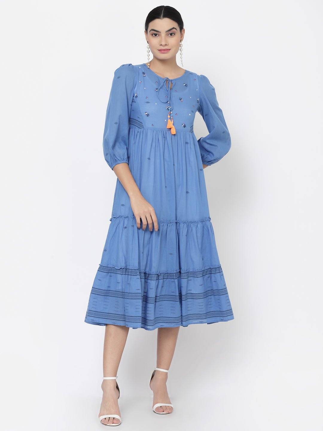 Blue Embellished Tiered Midi Dress - Dresses - APANAKAH