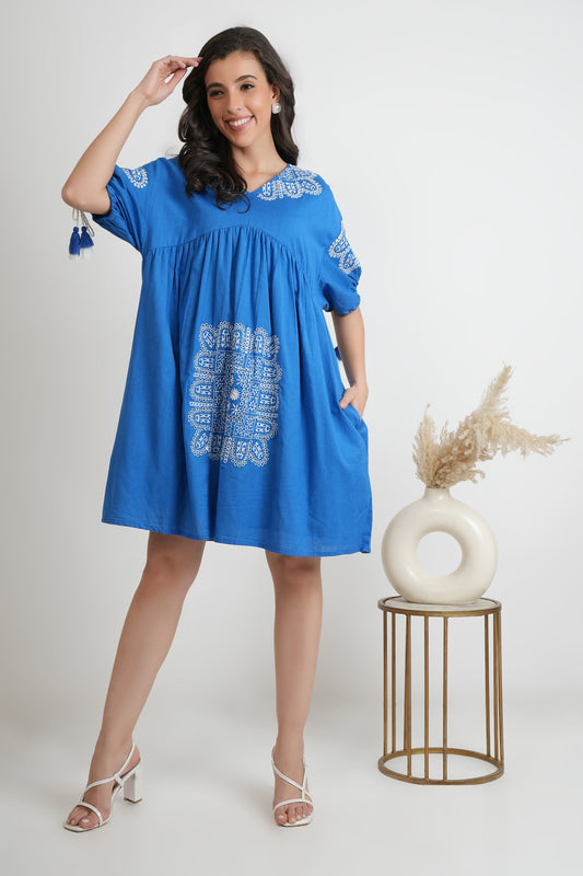 Blue Oversized Embroidered Short Dress - Dresses - APANAKAH