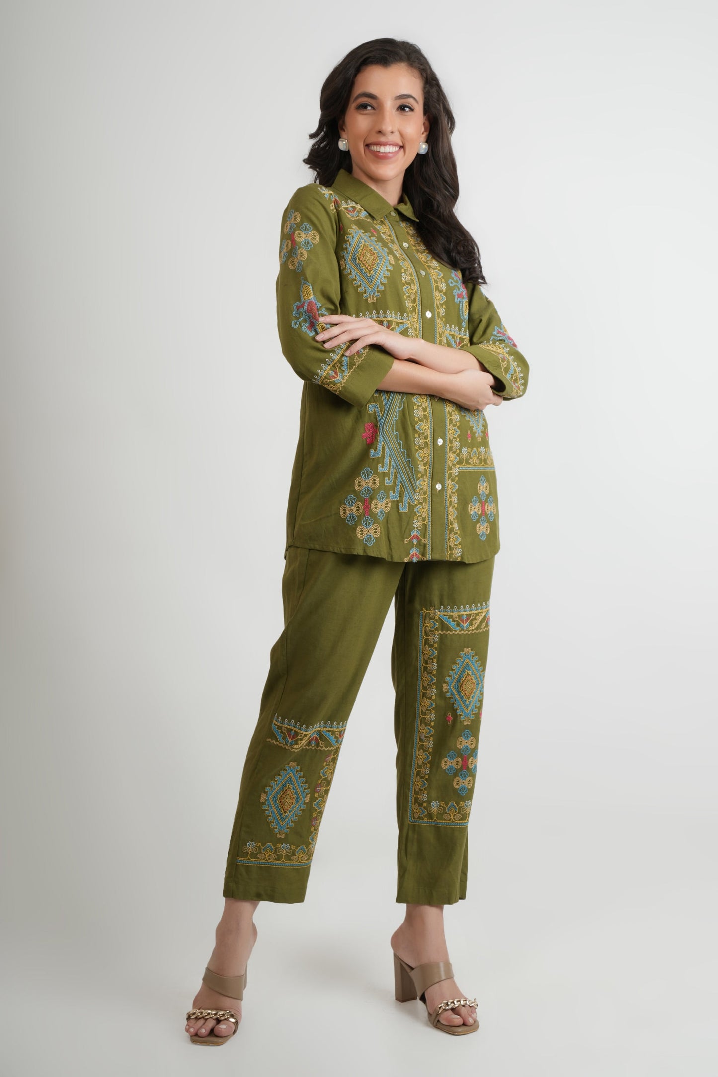 Green Embroidered Shirt and Pants - Co-ord Set - Dresses - APANAKAH