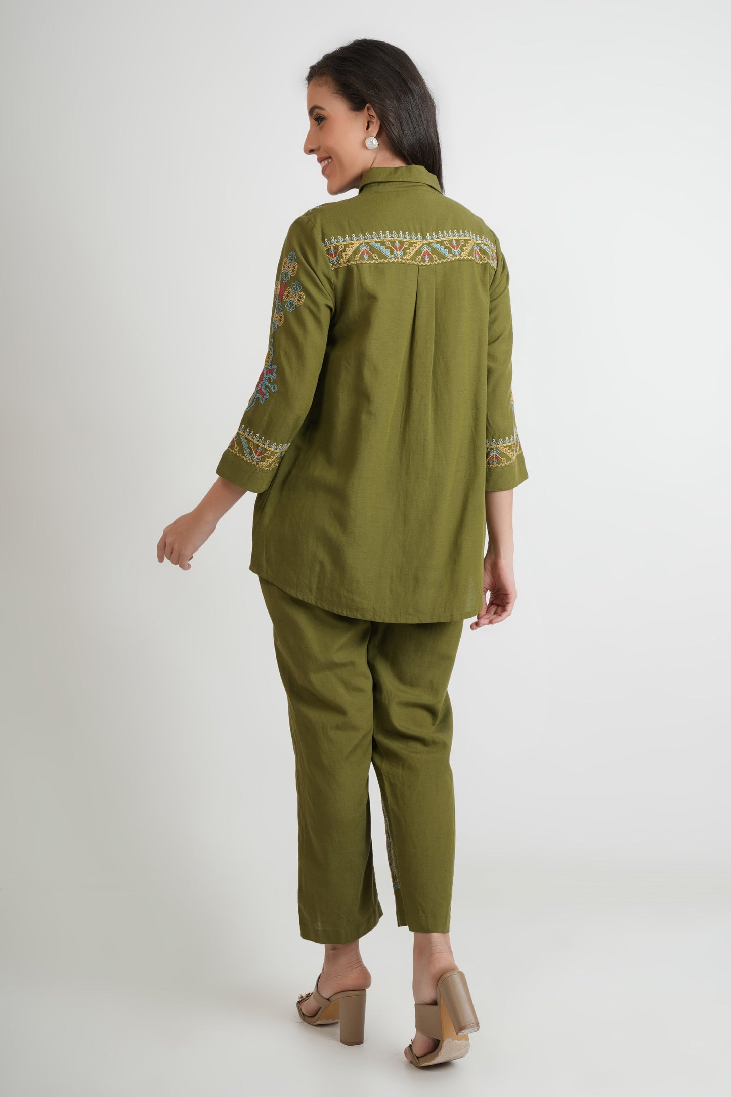Green Embroidered Shirt and Pants - Co-ord Set - Dresses - APANAKAH