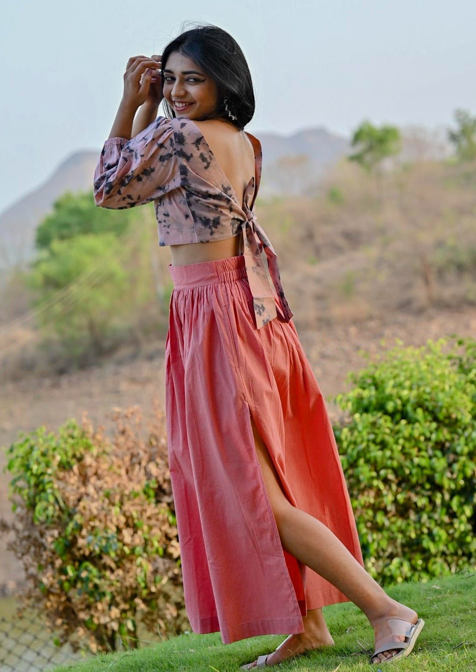 Rajasthani Jaipuri Traditional Ethnic Flared Gold Print Long Skirt Elastic  with Knote Free Size PINK