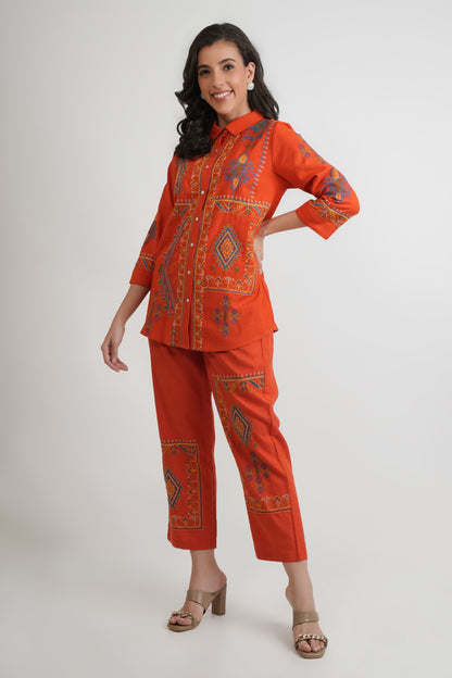 Orange Embroidered Shirt and Pants Co-ord Set - Dresses - APANAKAH