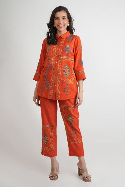 Orange Embroidered Shirt and Pants Co-ord Set - Dresses - APANAKAH