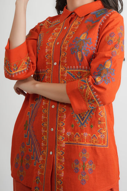 Orange Embroidered Shirt and Pants Co-ord Set - Dresses - APANAKAH