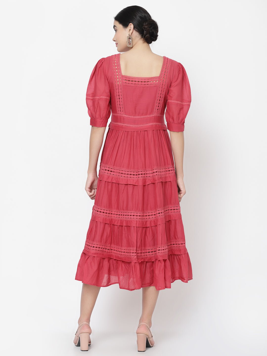 Red Laced Tiered Midi Dress - Dresses - APANAKAH