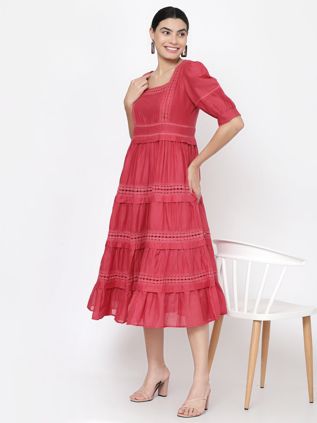 Red Laced Tiered Midi Dress - Dresses - APANAKAH
