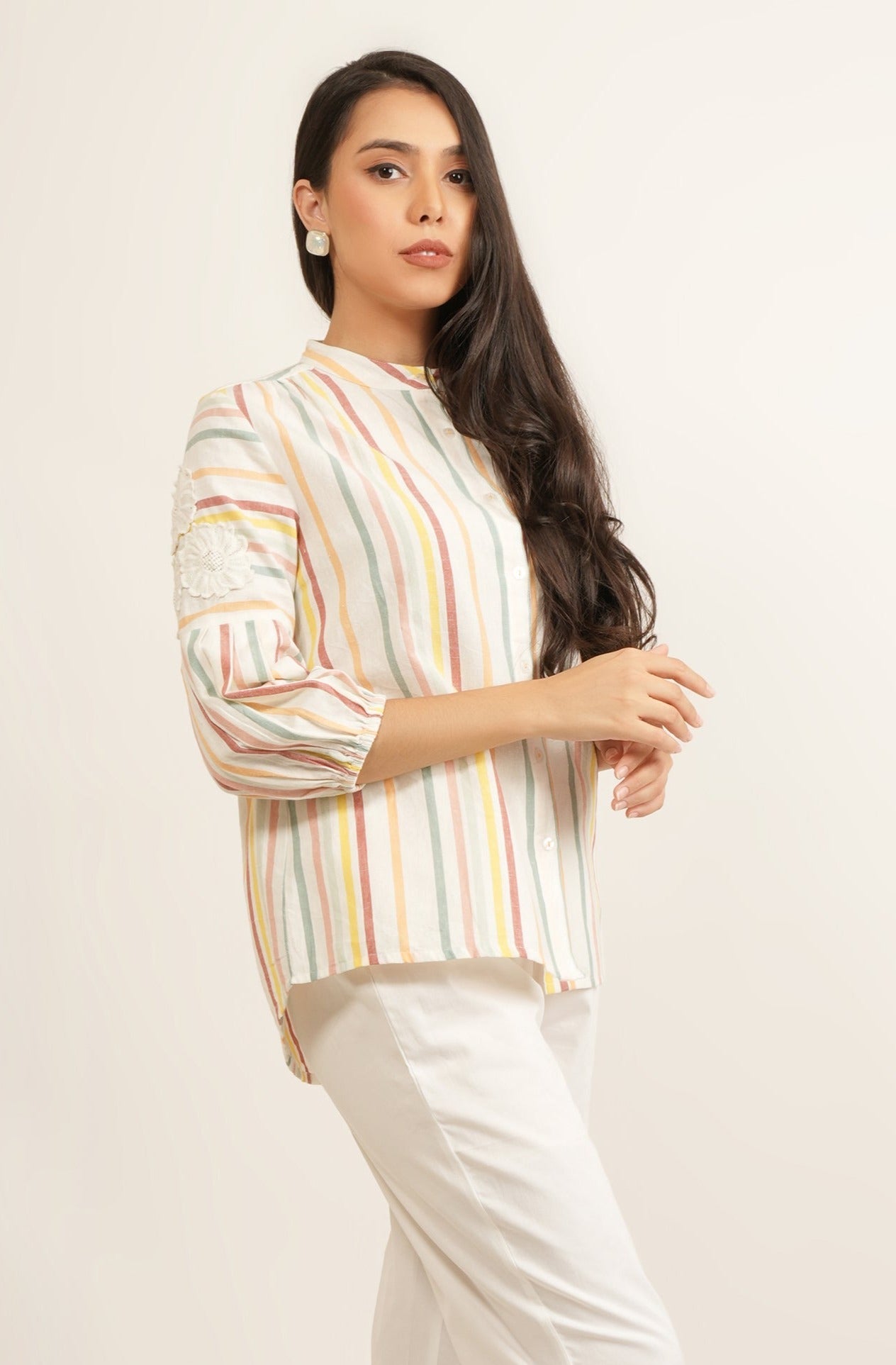 Striped Shirt Top with Patchwork Sleeves - Shirt - APANAKAH