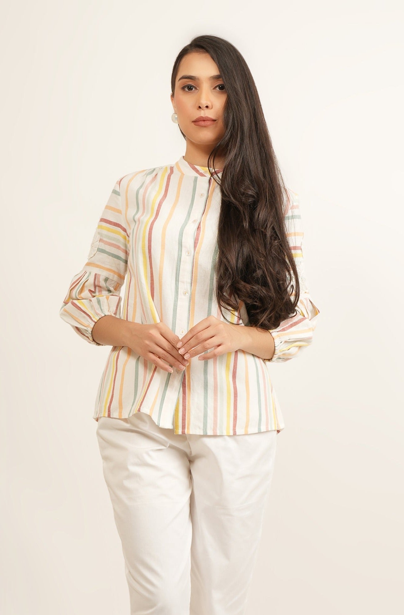Striped Shirt Top with Patchwork Sleeves - Shirt - APANAKAH