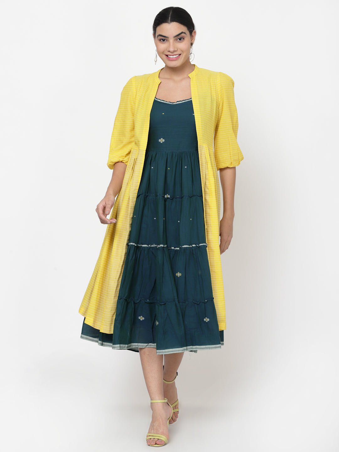 Teal Green Tiered Midi Dress With Yellow Cover-up Jacket - Dresses - APANAKAH