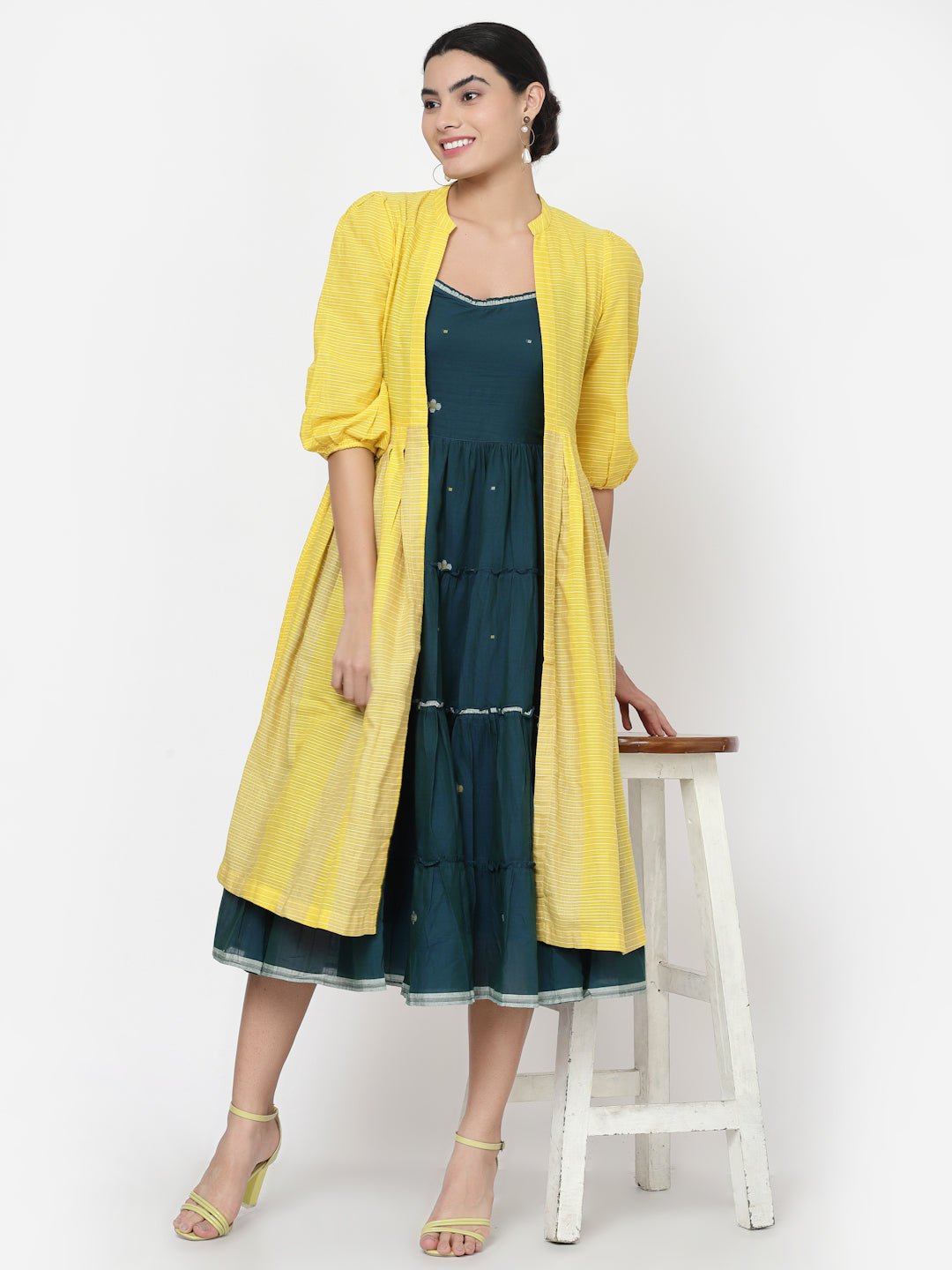 Teal Green Tiered Midi Dress With Yellow Cover-up Jacket - Dresses - APANAKAH