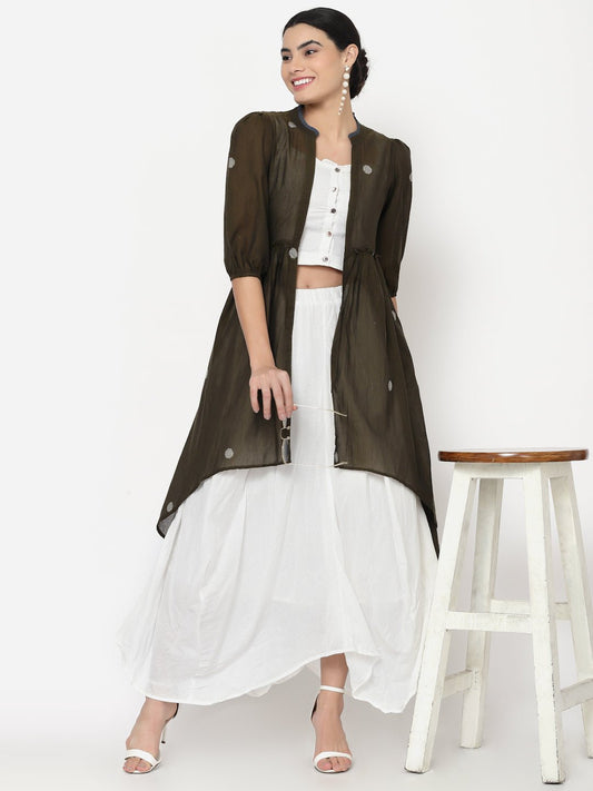 Three Piece Co-ord Set with Crop Top, Flared Pants and Long Jacket - Dresses - APANAKAH