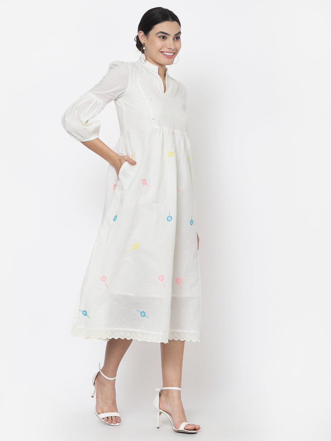 White Embroidered Midi Dress - Dresses - APANAKAH