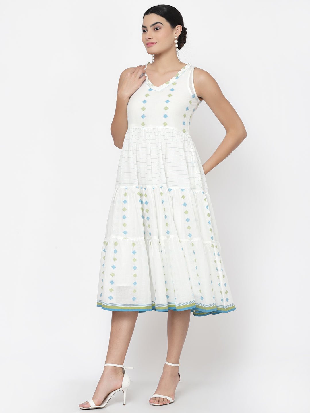 White Woven Tiered Midi Dress with Short Jacket - Dresses - APANAKAH