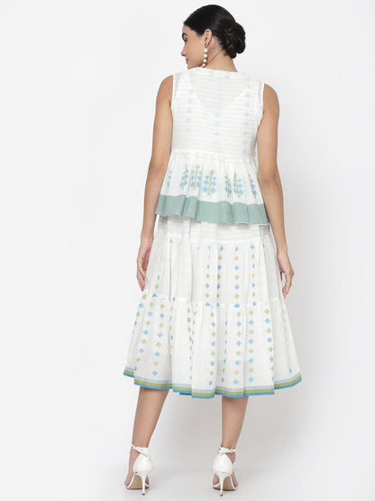 White Woven Tiered Midi Dress with Short Jacket - Dresses - APANAKAH