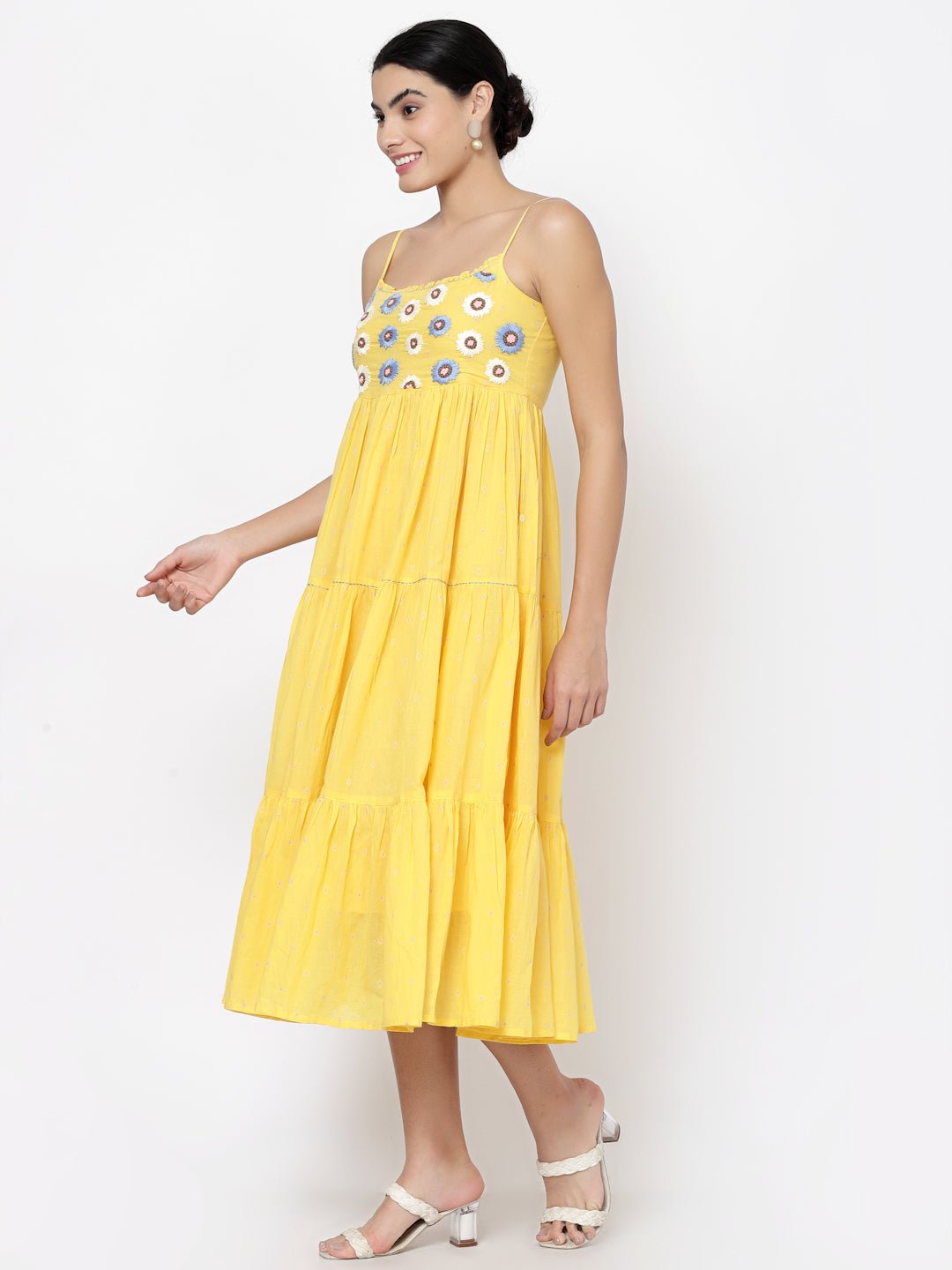 Yellow Embroidered Tiered Midi Dress - Dresses - APANAKAH