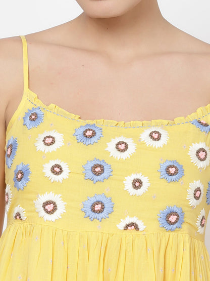 Yellow Embroidered Tiered Midi Dress - Dresses - APANAKAH